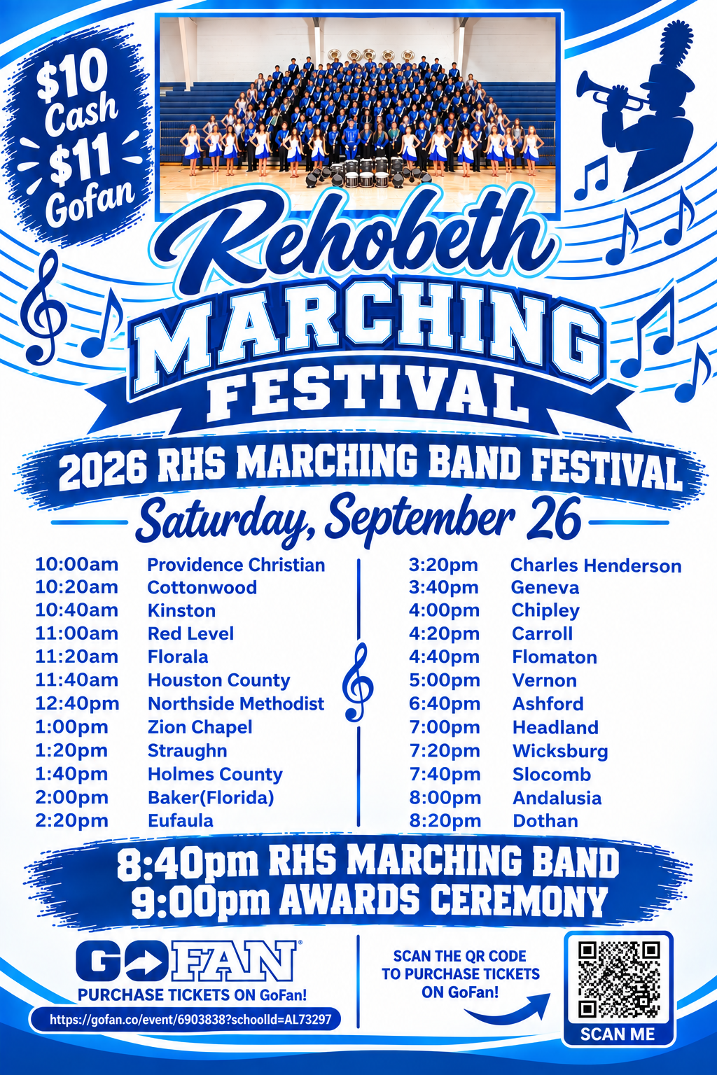 A blue and white flyer for the Rehobeth Marching Festival on Saturday, September 26, featuring a schedule of high school marching band performances.