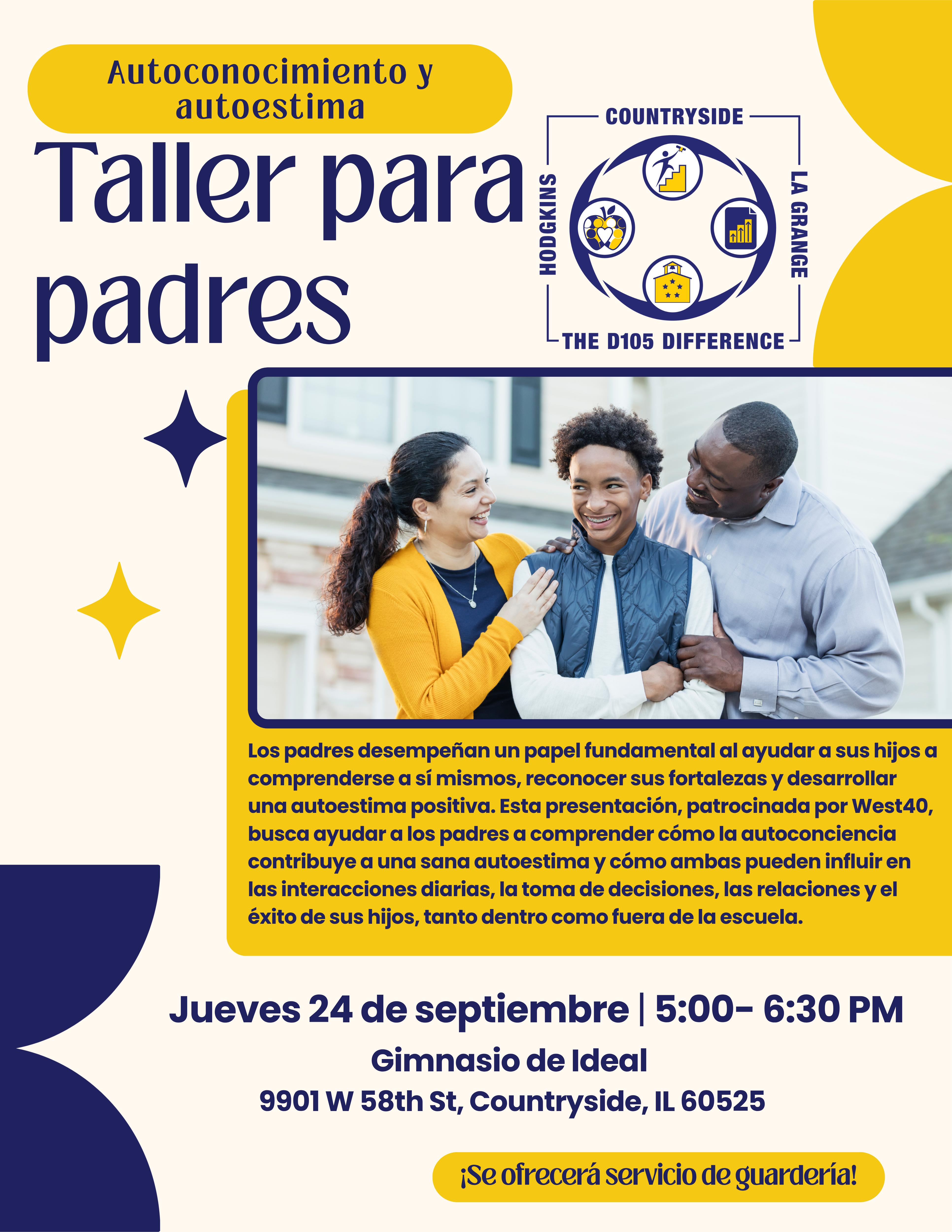 A flyer announces a "Taller para padres" (Workshop for parents) focusing on self-awareness and self-esteem, featuring a family photo.