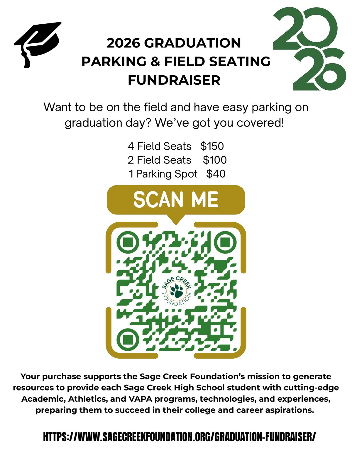 SENIOR FAMILIES: Graduation field seats & reserved parking available for purchase (SC Foundation fundraiser)