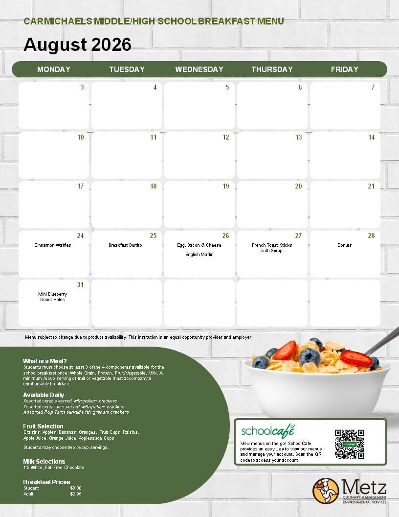August Middle & High School Breakfast Menu