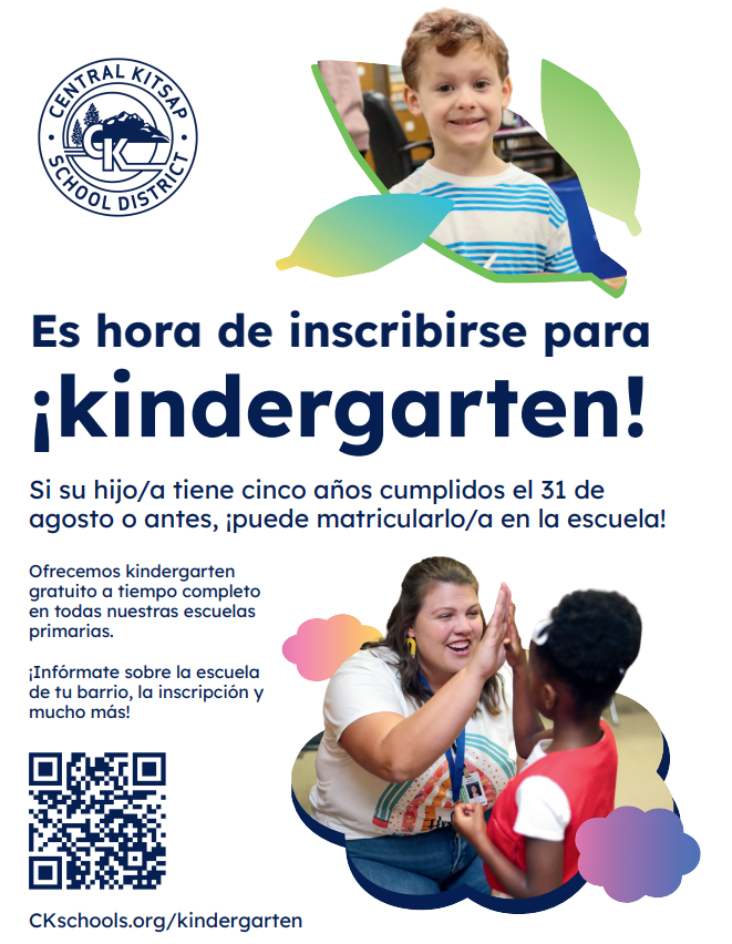 Central Kitsap School District advertisement for kindergarten enrollment, featuring a smiling boy and a teacher high-fiving a student.