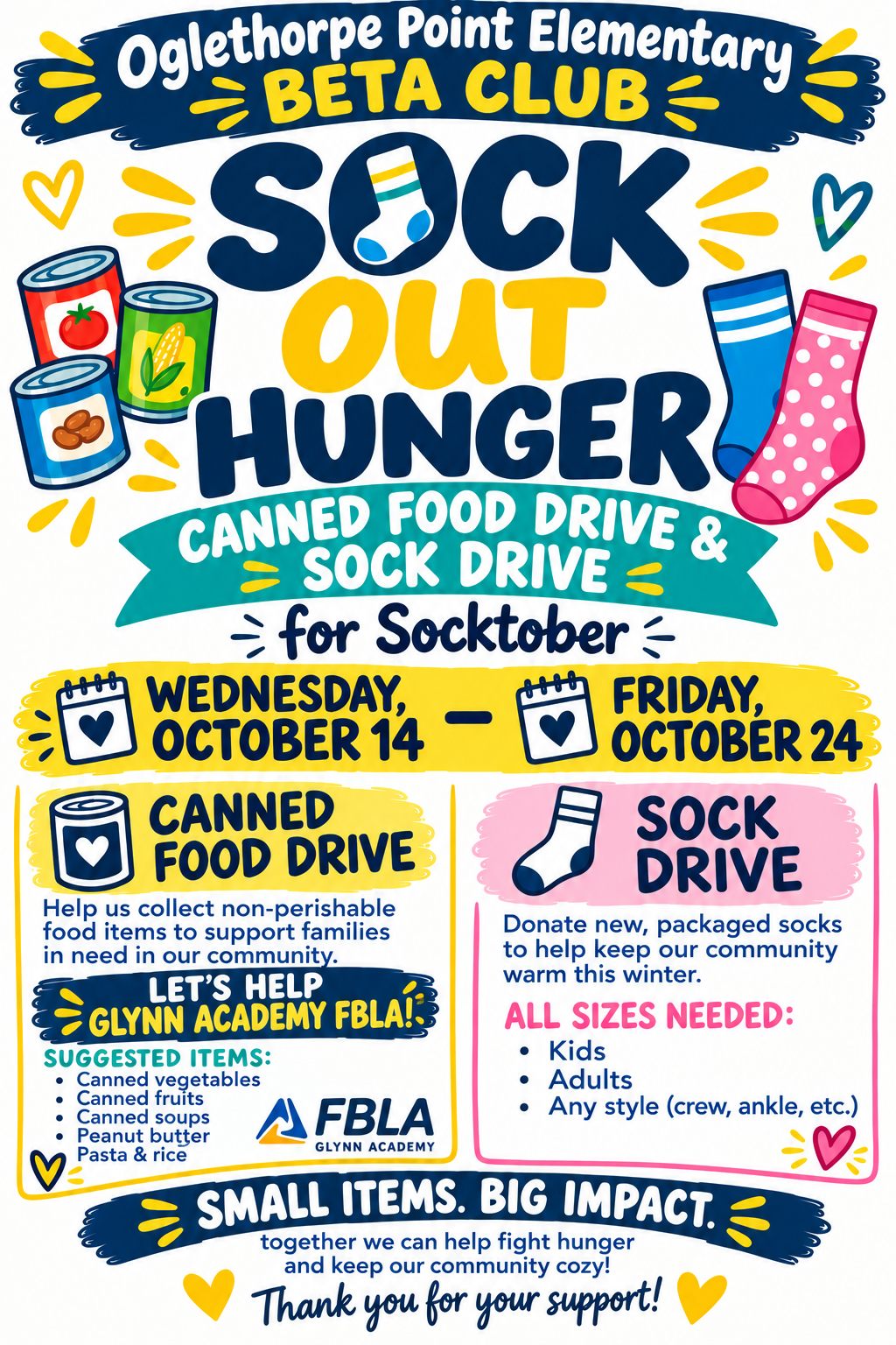 Beta Club Socktober Canned Food & Sock Drive 10/14-10/24