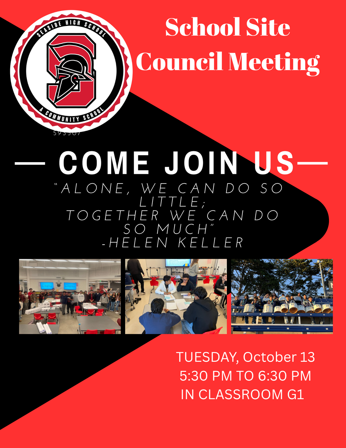 SCHOOL SITE COUNCIL MEETING OCTOBER 13 @5:30 PM IN ROOM G1