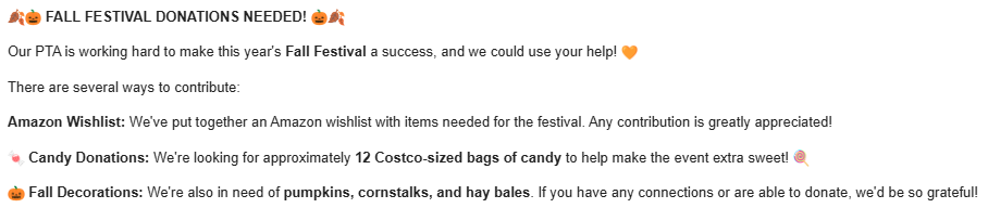 A digital flyer requesting donations for a school PTA fall festival, including an Amazon wishlist and needs for candy and fall decorations.