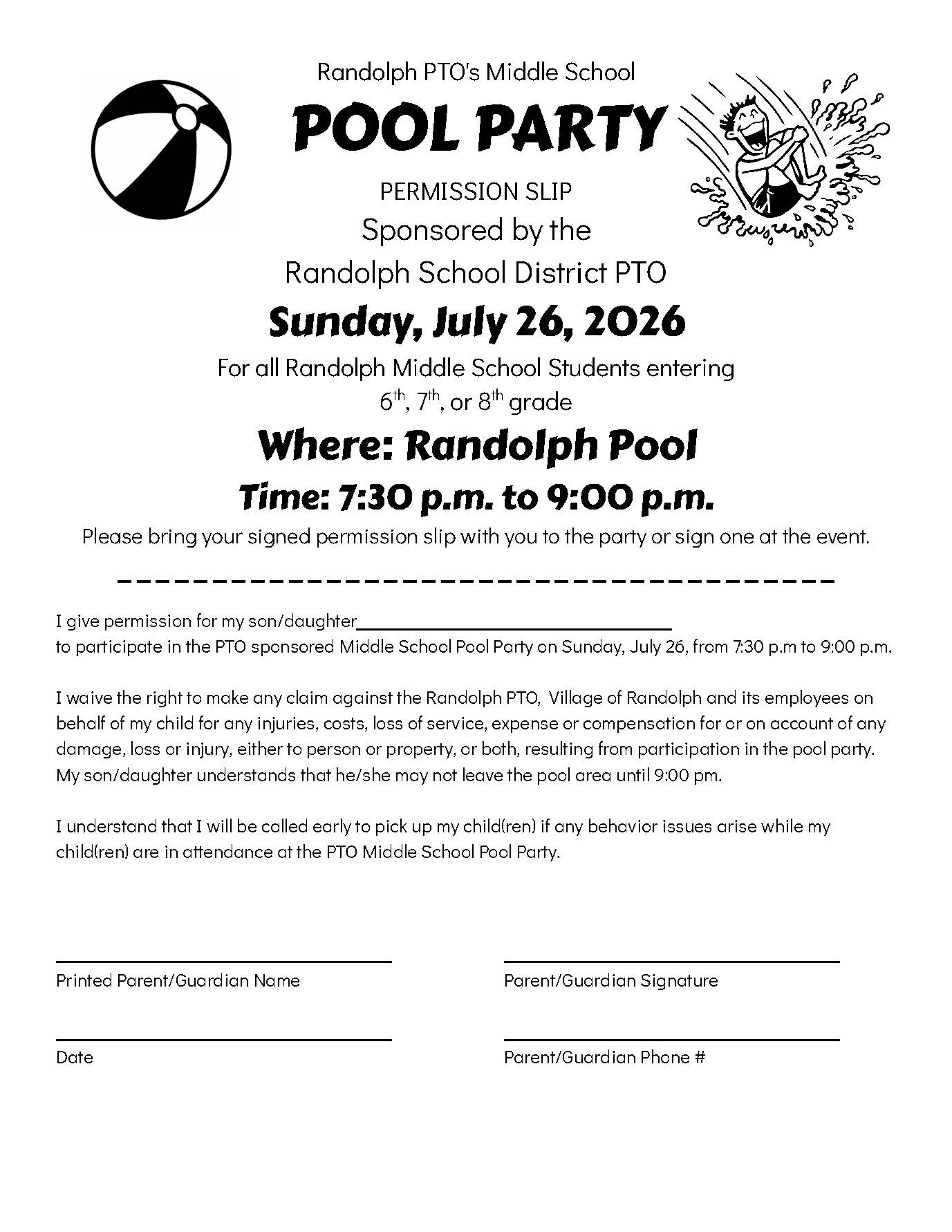 Randolph PTO's Middle School Pool Party - Sunday, July 26th