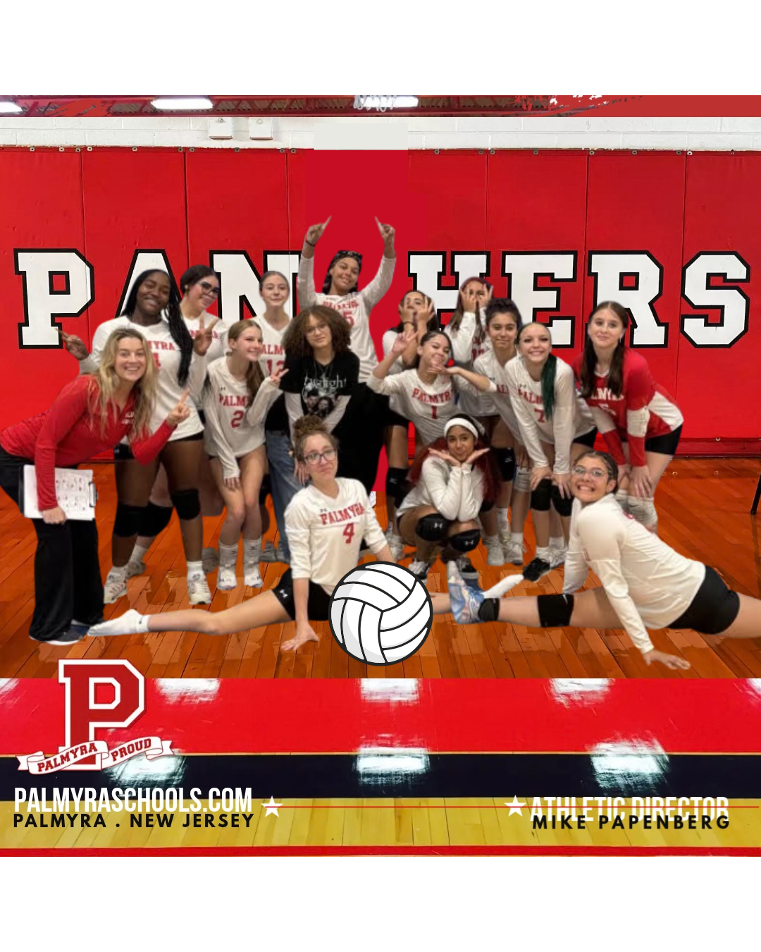A girls' volleyball team poses together in a gym in front of a red wall with "PANTHERS" written on it.