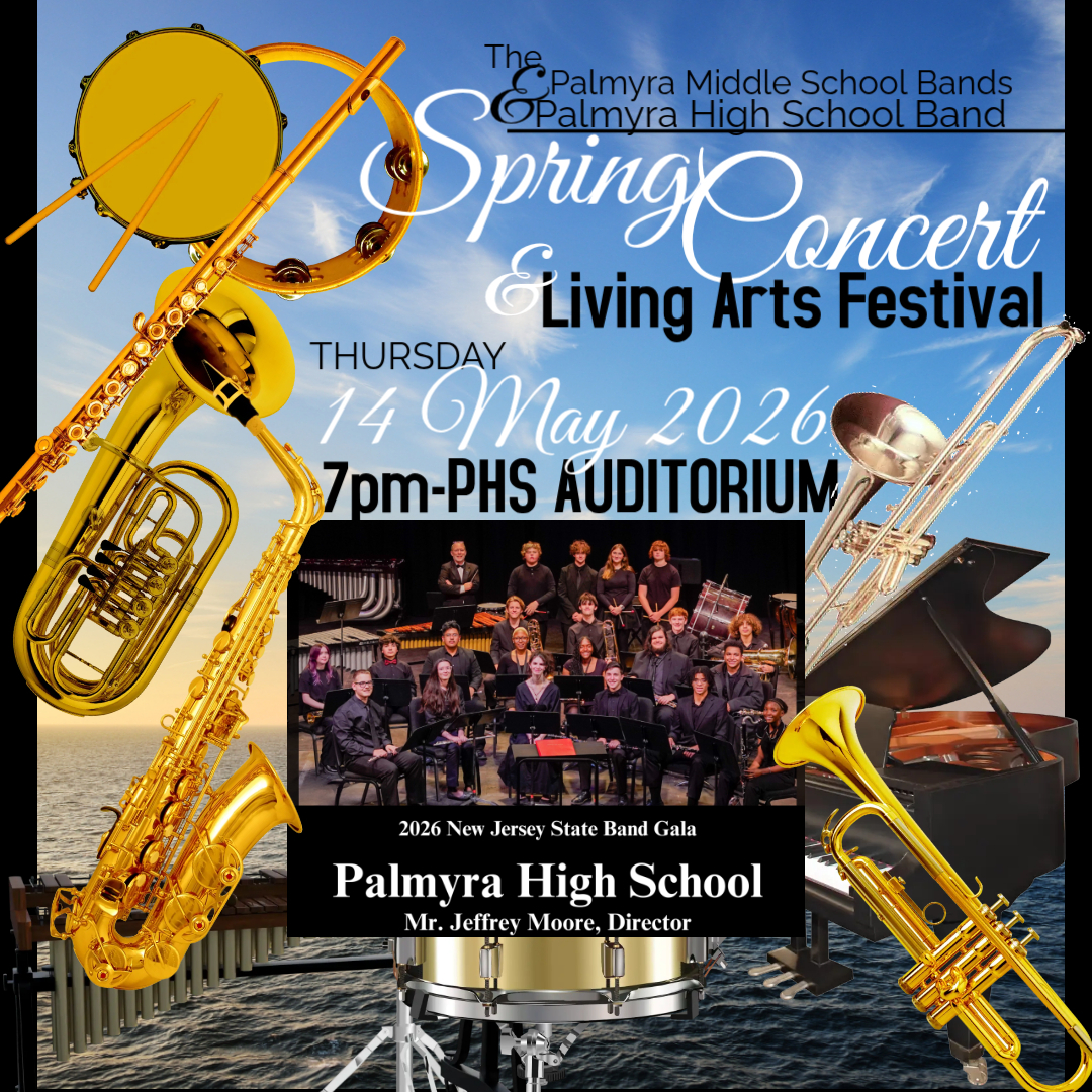 Poster for the Palmyra High School Spring Concert & Living Arts Festival on May 14, 2026, featuring various musical instruments.