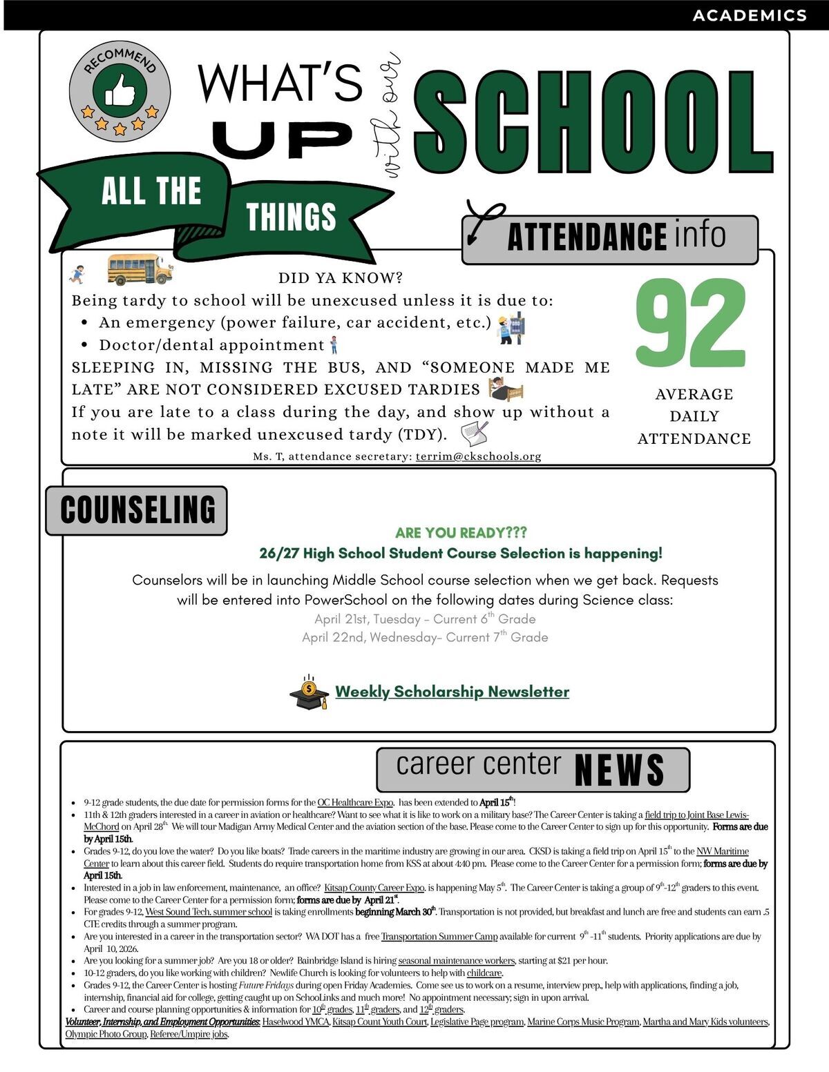 A school newsletter with sections on Academics, Attendance Info, Counseling, and Career Center News.