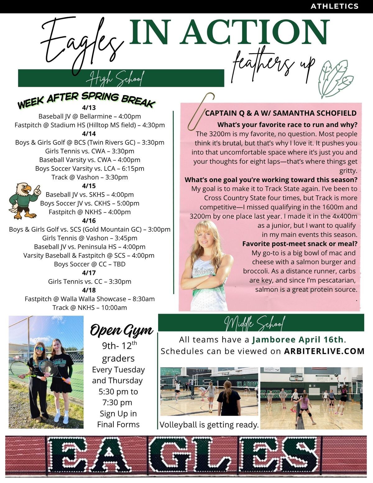 A graphic displays 'Eagles IN ACTION' with 'High School' and 'Middle School' sections detailing sports schedules and athlete interviews.