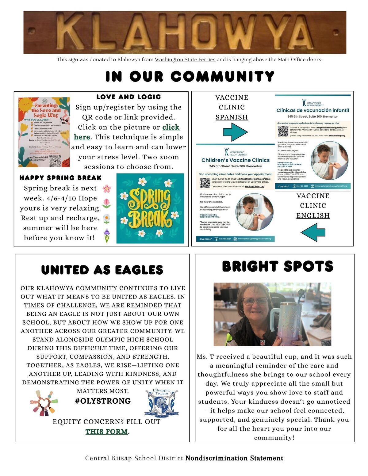 A community bulletin board displays information about upcoming events, vaccine clinics, and school spirit.