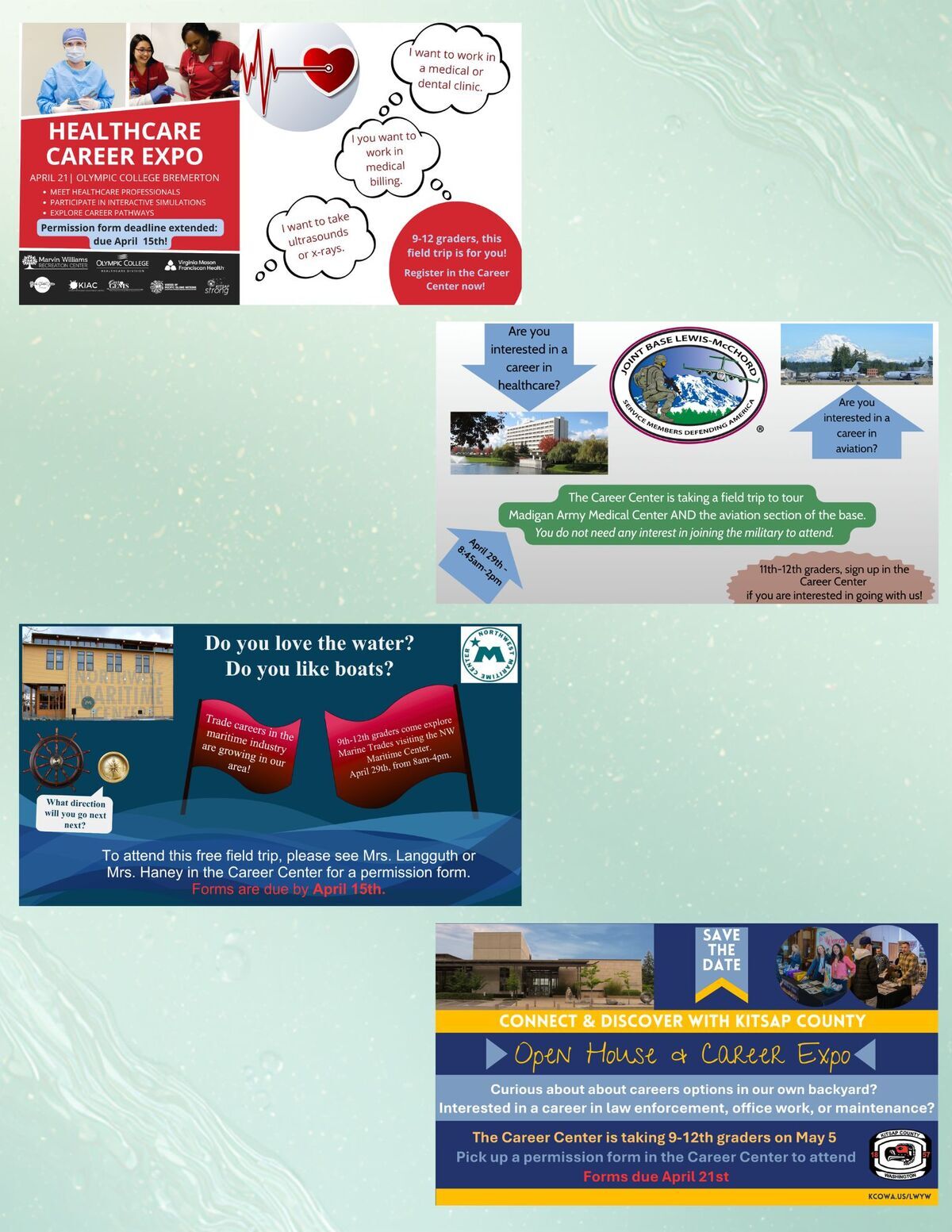 A collage of flyers and graphics promoting career exploration events for students, including healthcare, maritime, and aviation.