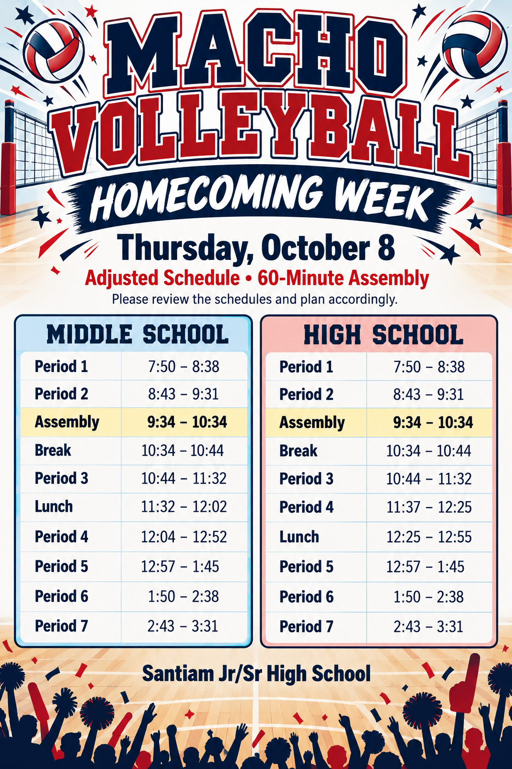 Macho Volleyball 1-Hour Assembly 10/7/26 Schedule