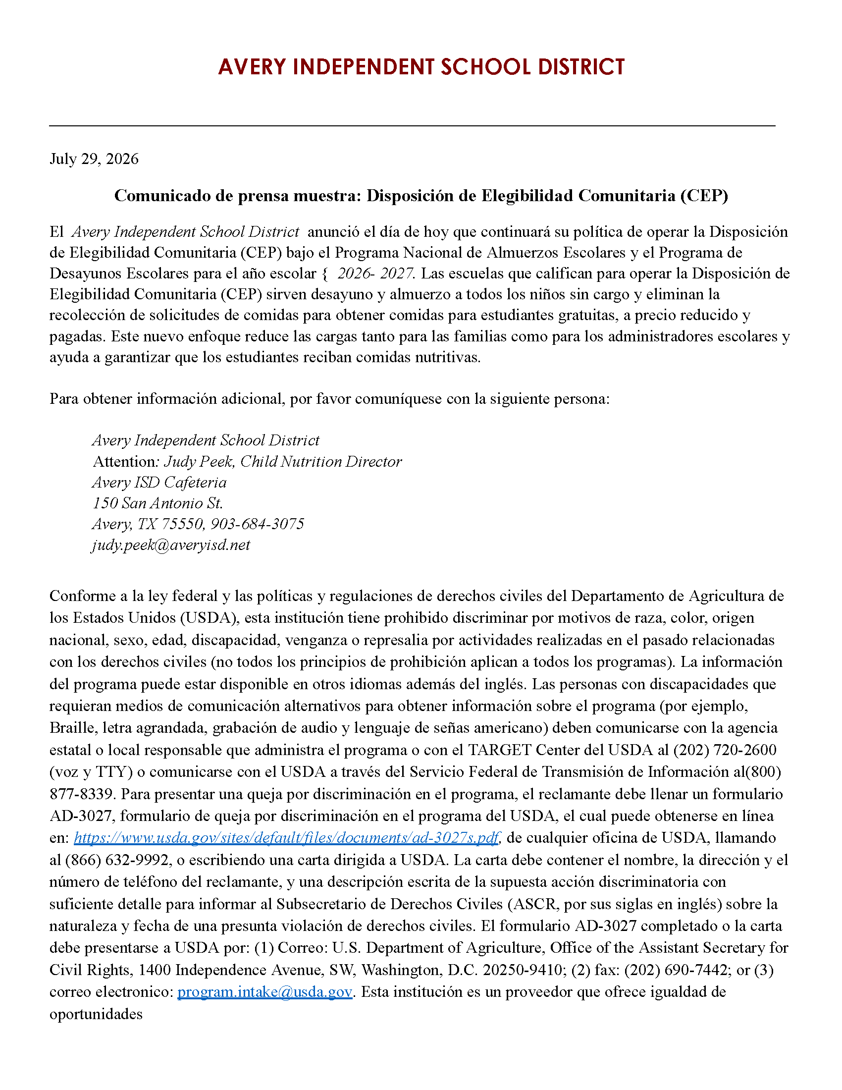 Avery Independent School District press release dated July 29, 2026, announcing the continuation of the Community Eligibility Provision (CEP) for the National School Lunch and Breakfast Programs.