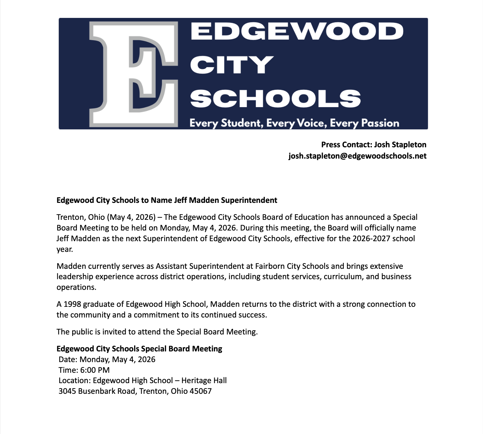 Edgewood to Name Next Superintendent at Special Board Meeting