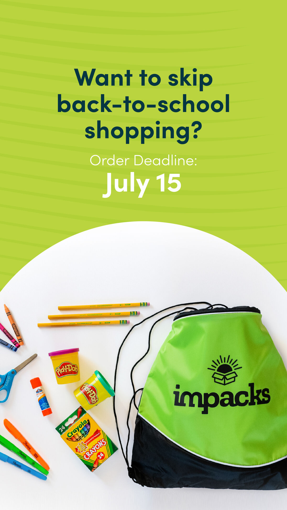 Back-to-school supplies including crayons, pencils, Play-Doh, and a green drawstring bag are laid out on a white surface.