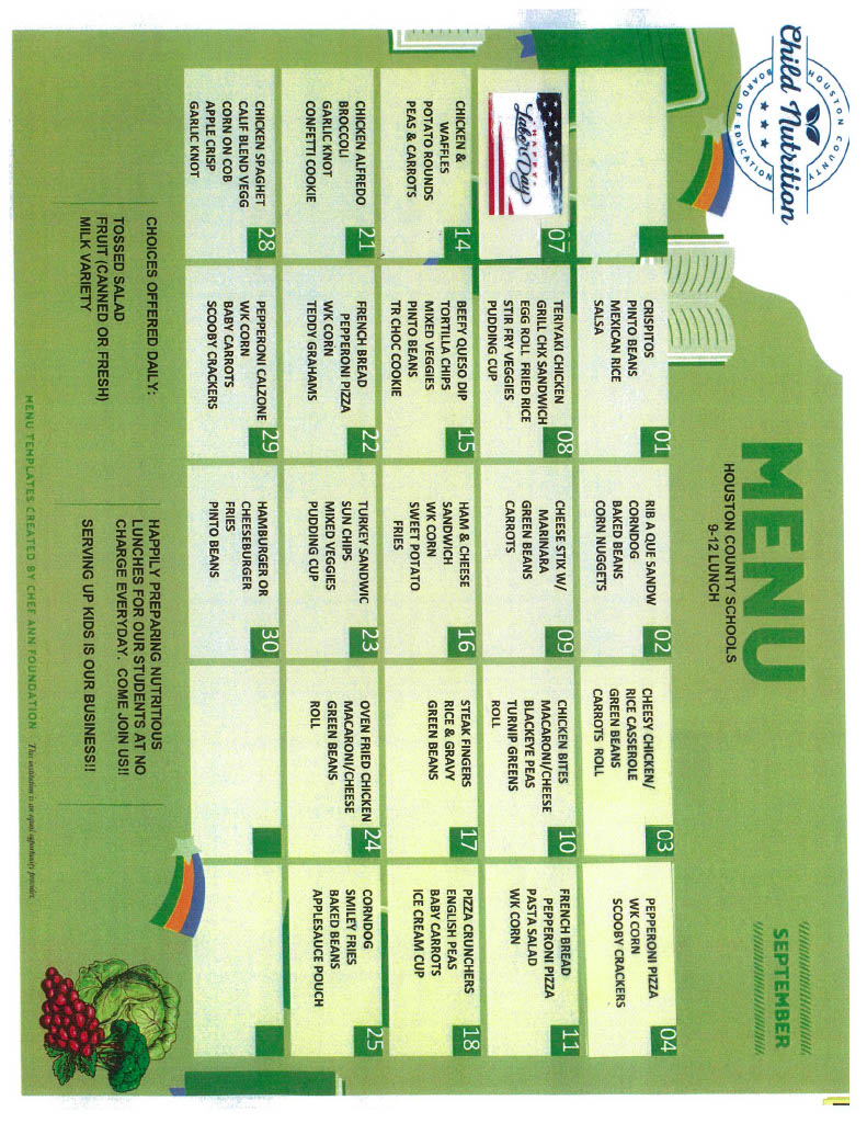 A September school lunch menu from Houston County Schools, featuring daily meal options.