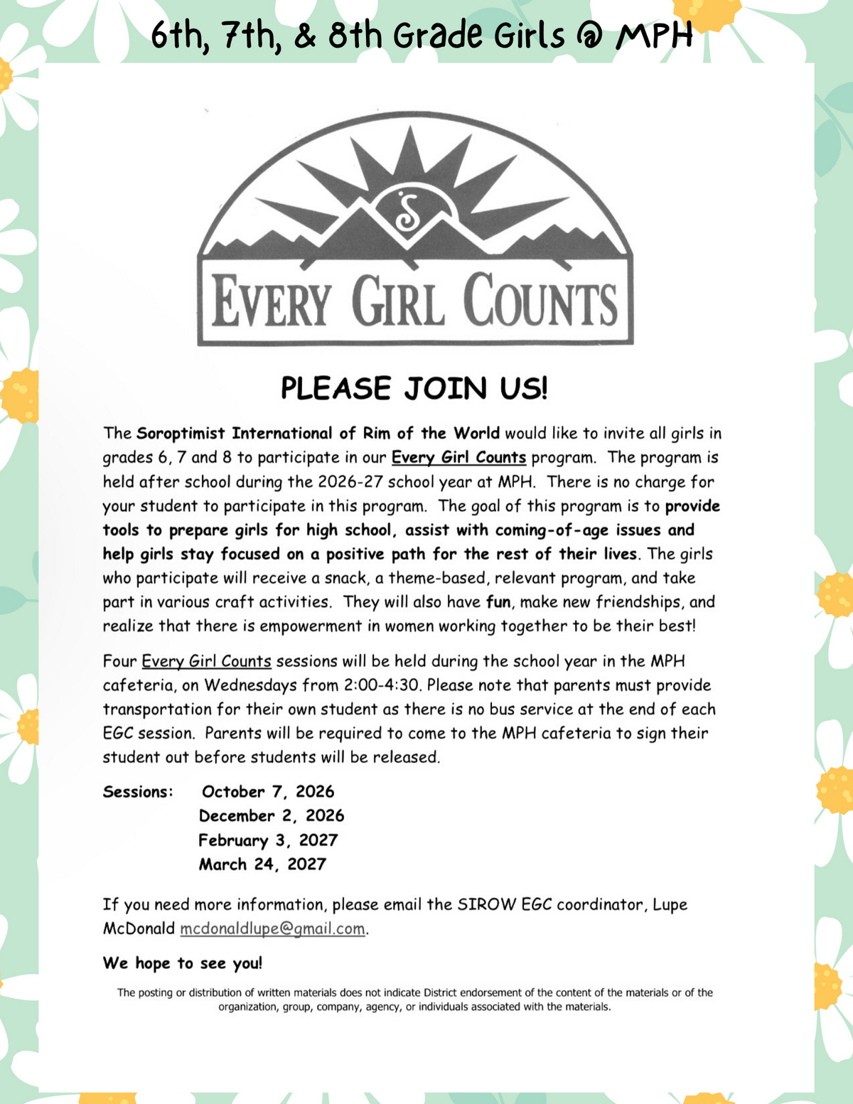 Soroptimist International's Every Girl Counts Program at MPH for School Year 2026–2027