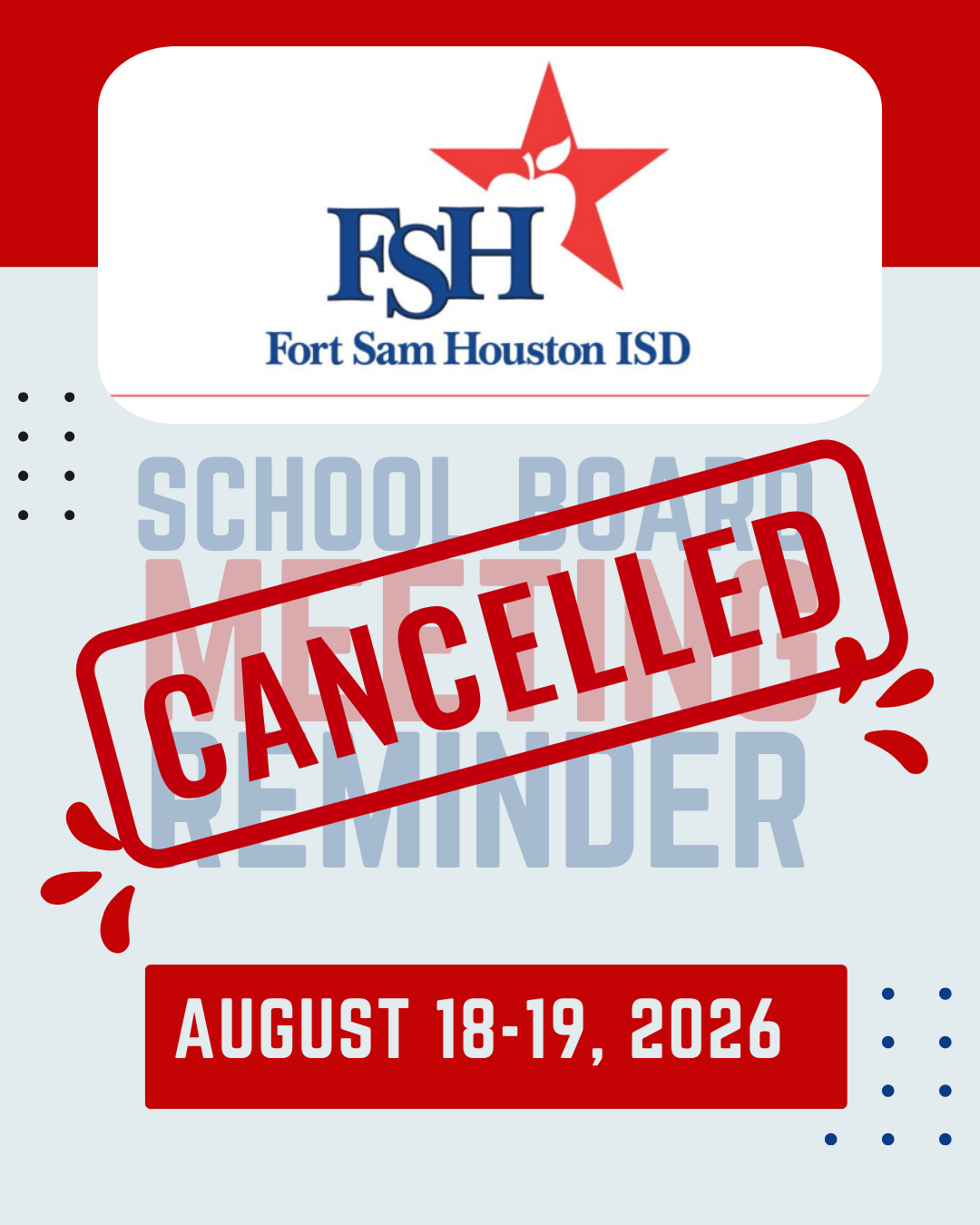 Special School Board Meeting Cancelled - Aug. 18 and 19, 2026