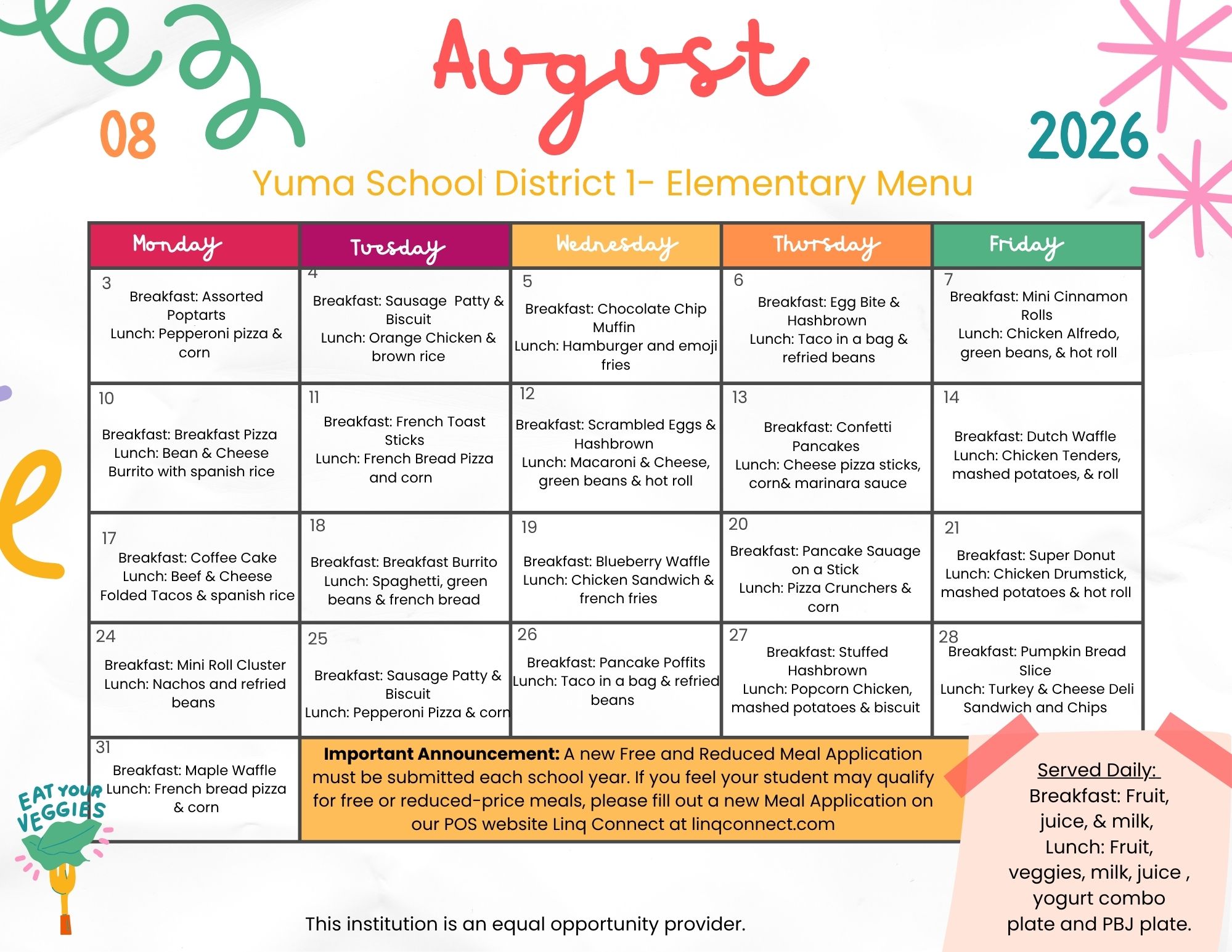 August 2026 Elementary Menu