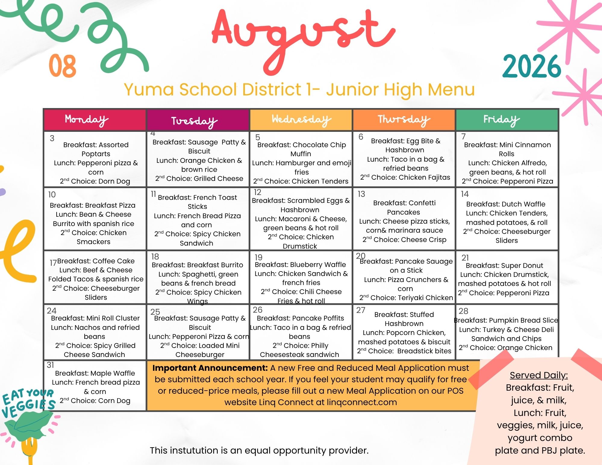 August 2026 Menus