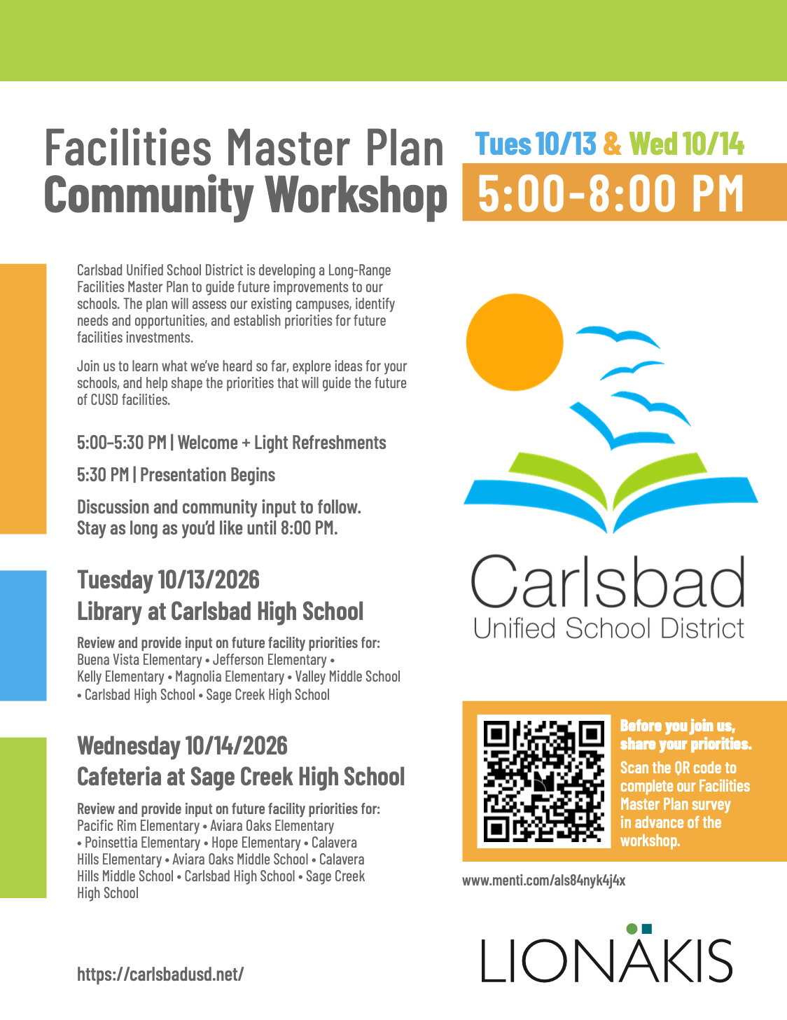 Facilities Master Plan Workshop, Sage Creek High School, 10/14 5pm-8pm