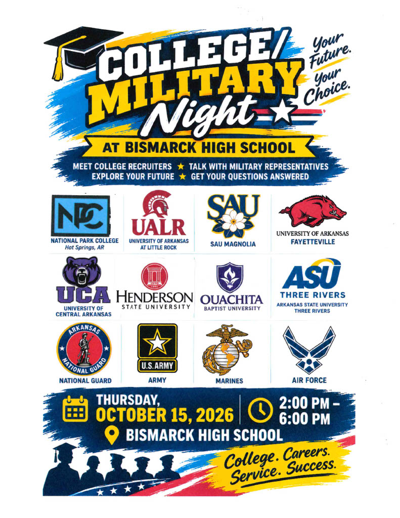 A promotional flyer for a College and Military Night event at Bismarck High School, featuring participating schools and military branches.