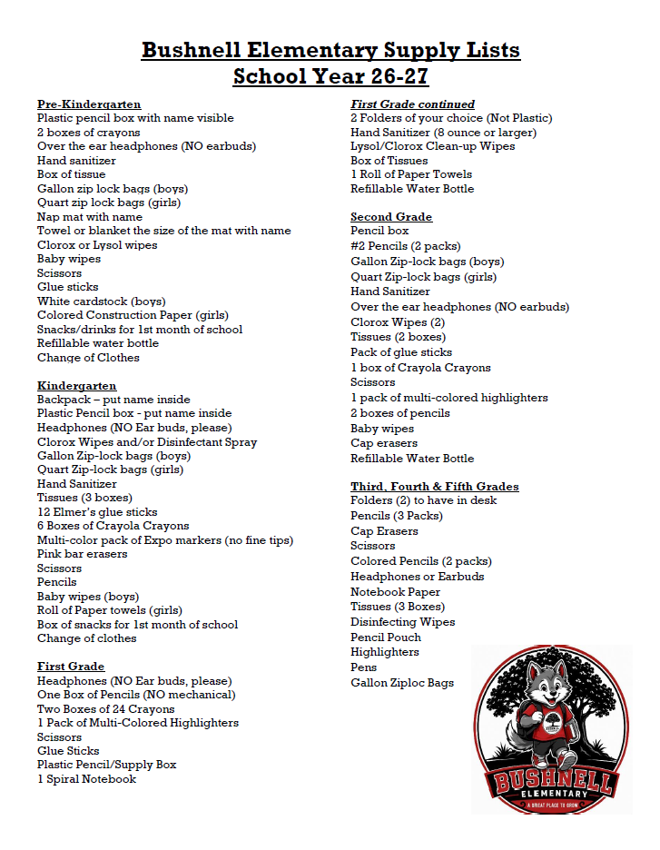 Friendly Reminder: BES Supply List for 26-27