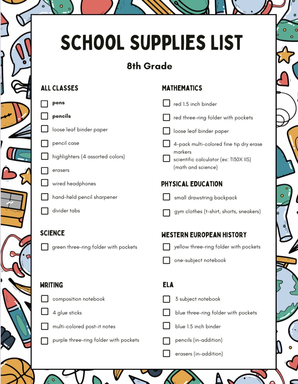 A school supplies list for 8th grade, featuring sections for All Classes, Mathematics, Science, Writing, Physical Education, Western European History, and ELA.