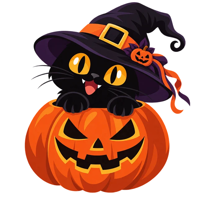 A cute black cat wearing a purple witch hat sits inside a carved jack-o'-lantern.