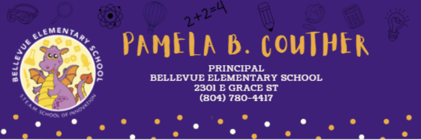 Bellevue Elementary School banner featuring a purple dragon mascot and school information.