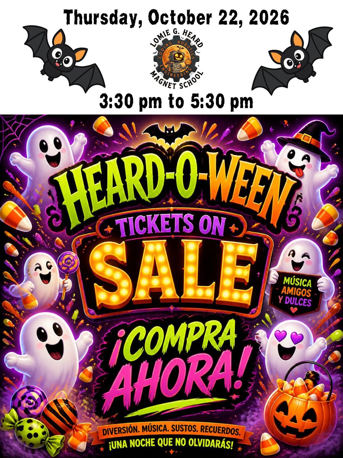 A colorful flyer for Heard-O-Ween on Thursday, October 22, 2026, from 3:30 pm to 5:30 pm, featuring ghosts, bats, and candy corn.