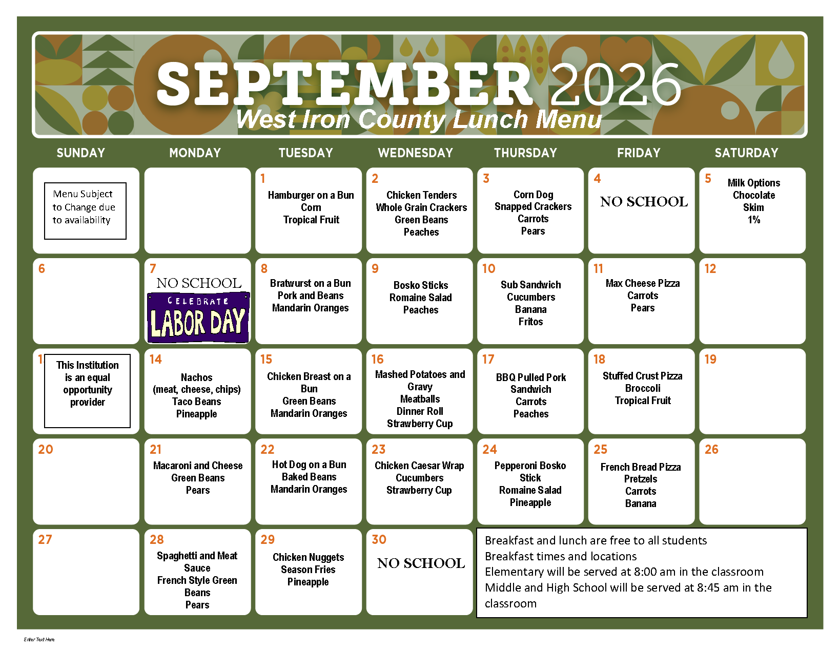 September Lunch Menu