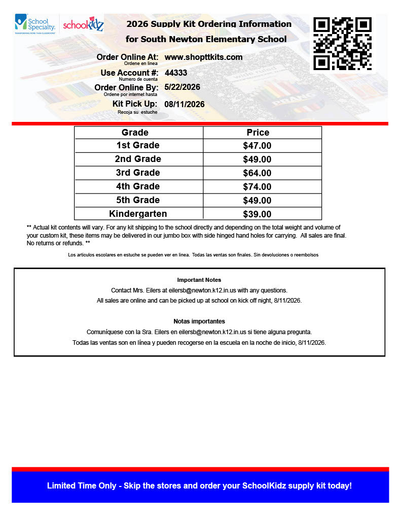 2026 Supply Kit Ordering Information for South Newton Elementary School with prices by grade.