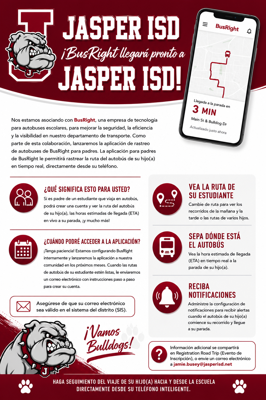 Infographic detailing the benefits of the new BusRight app for Jasper ISD parents, including ETA and notifications.
