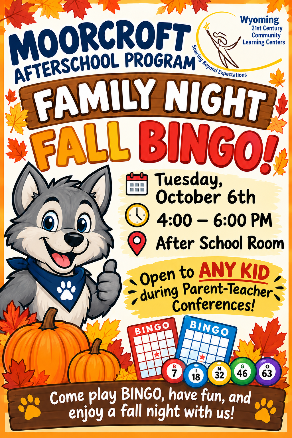 Moorcroft After School Program Family Night Fall Bingo