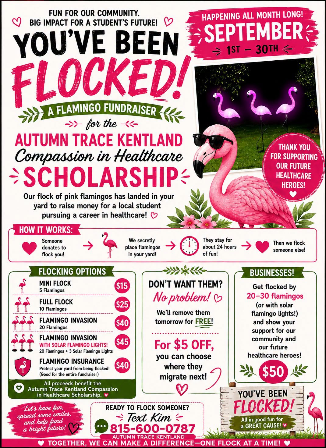 A promotional flyer for a September flamingo fundraiser benefiting the Autumn Trace Kentland Compassion in Healthcare Scholarship.