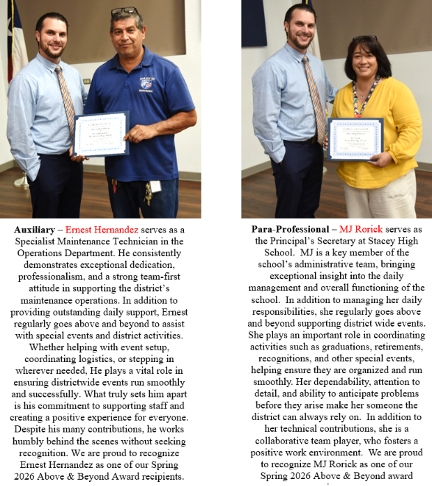 LISD Above and Beyond Award Winners