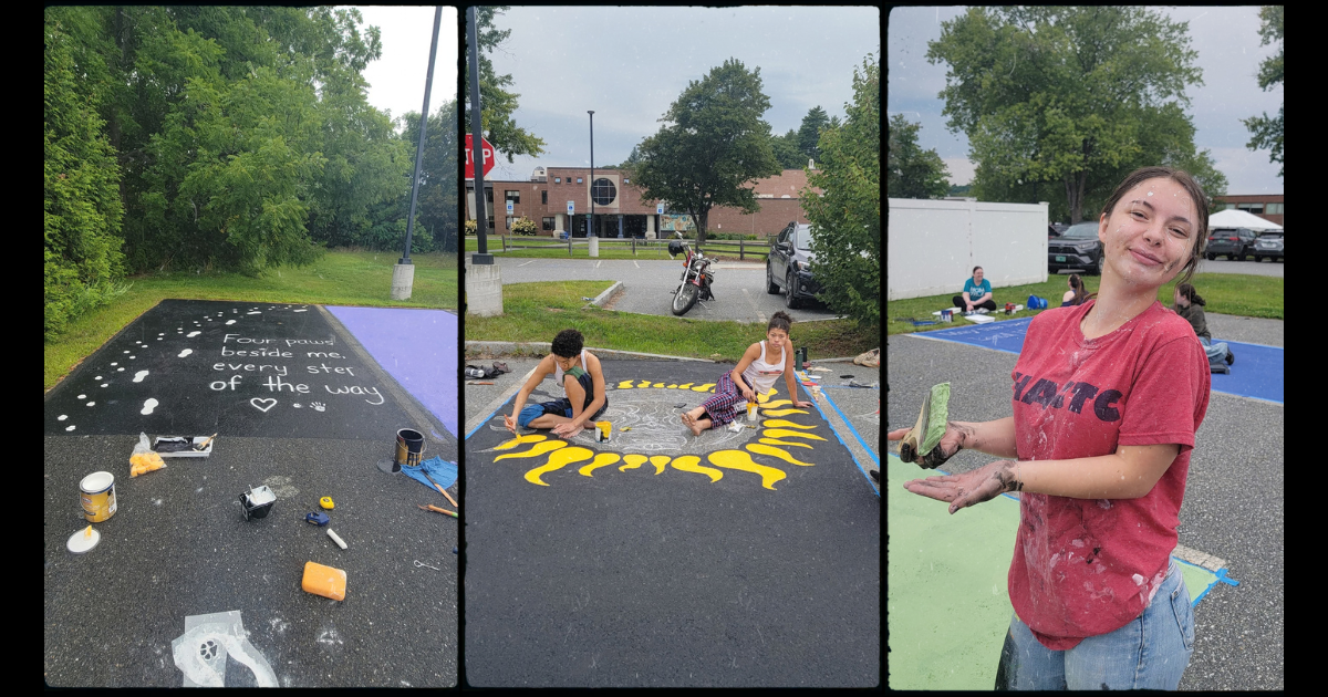 Collage of three photos, far left showing a parking lot painted black with paw prints and a quote, center photo of two kids sitting in a parking spot, painting a large sun, right photo shows a student in a red shirt smiling and holding a paint brush covered in paint.