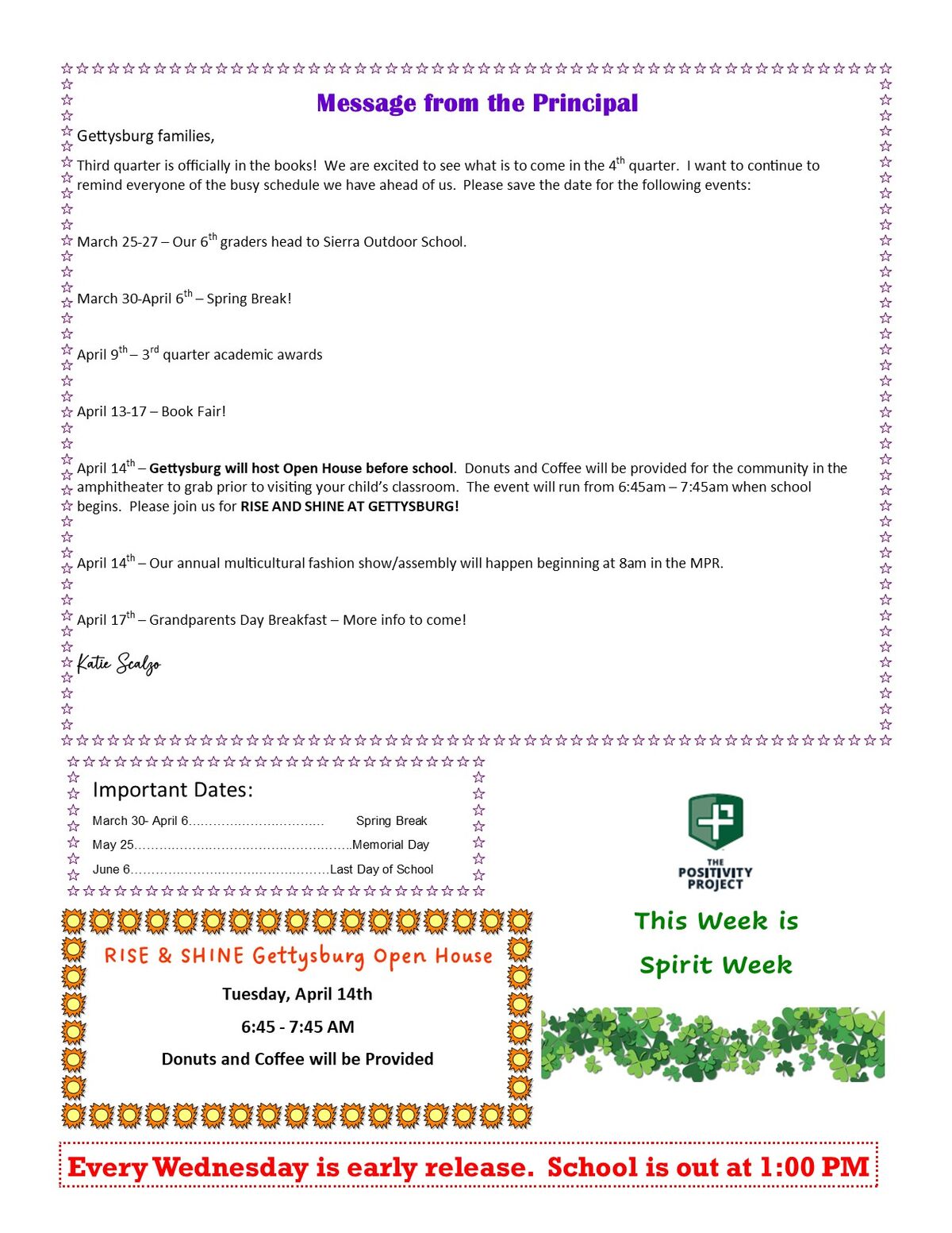 A school newsletter from Gettysburg families announces upcoming events like Spring Break, Book Fair, and Open House.