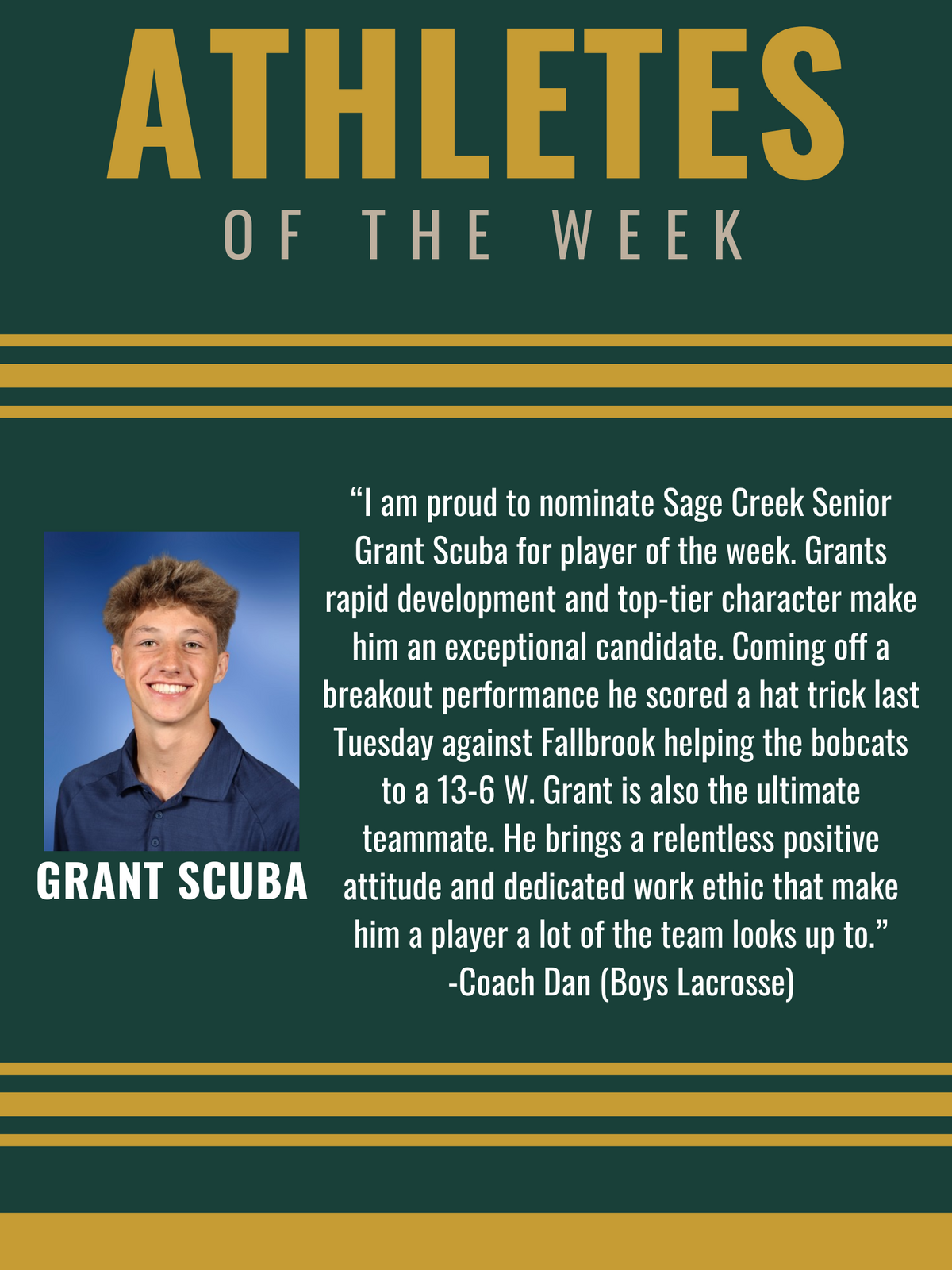 Grant Scuba, Athlete of the Week (Lacrosse)