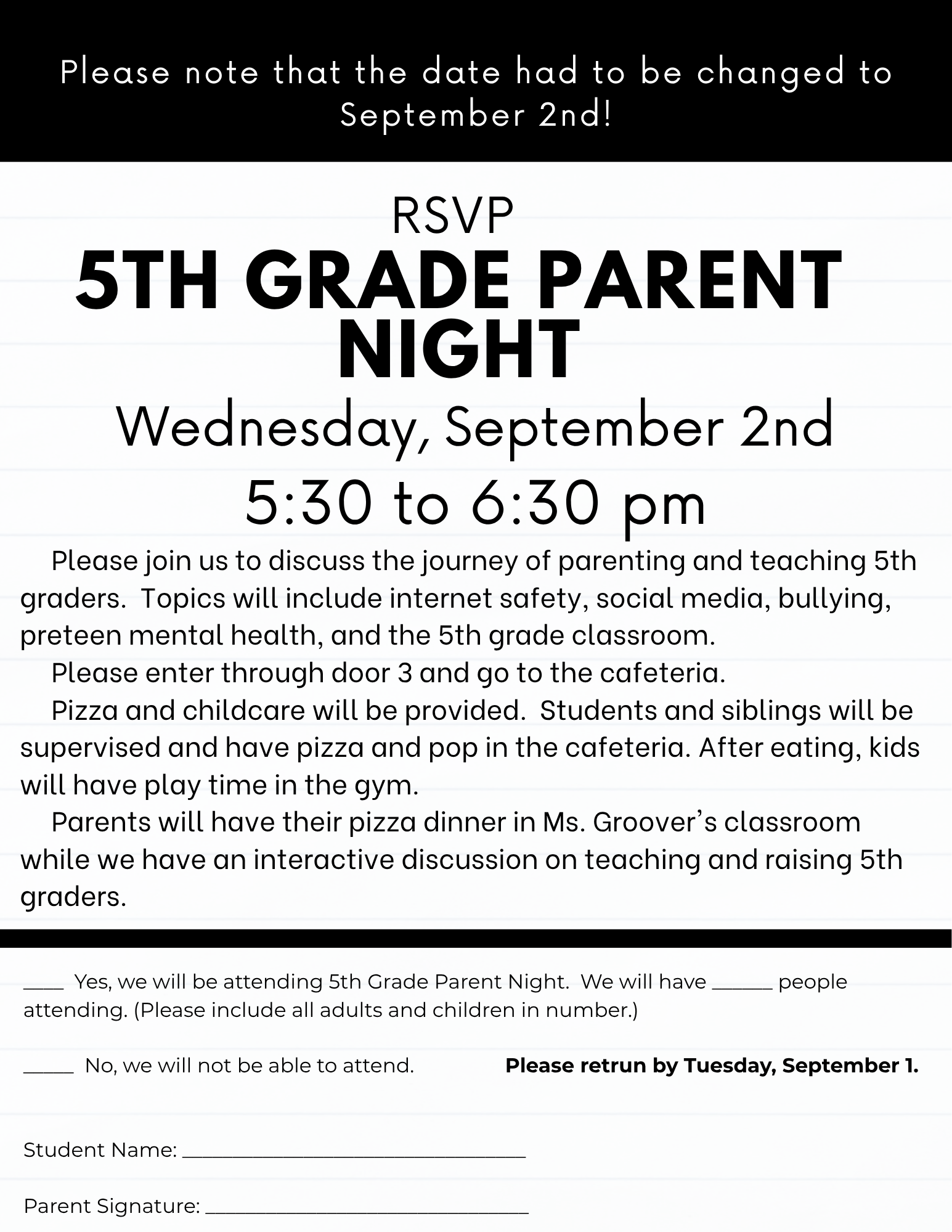 5th Grade Parent Night - Updated Date!