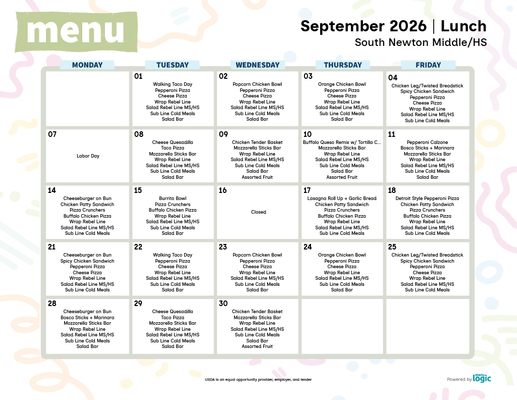 September 2026 lunch menu for South Newton Middle/HS, showing daily meal options.