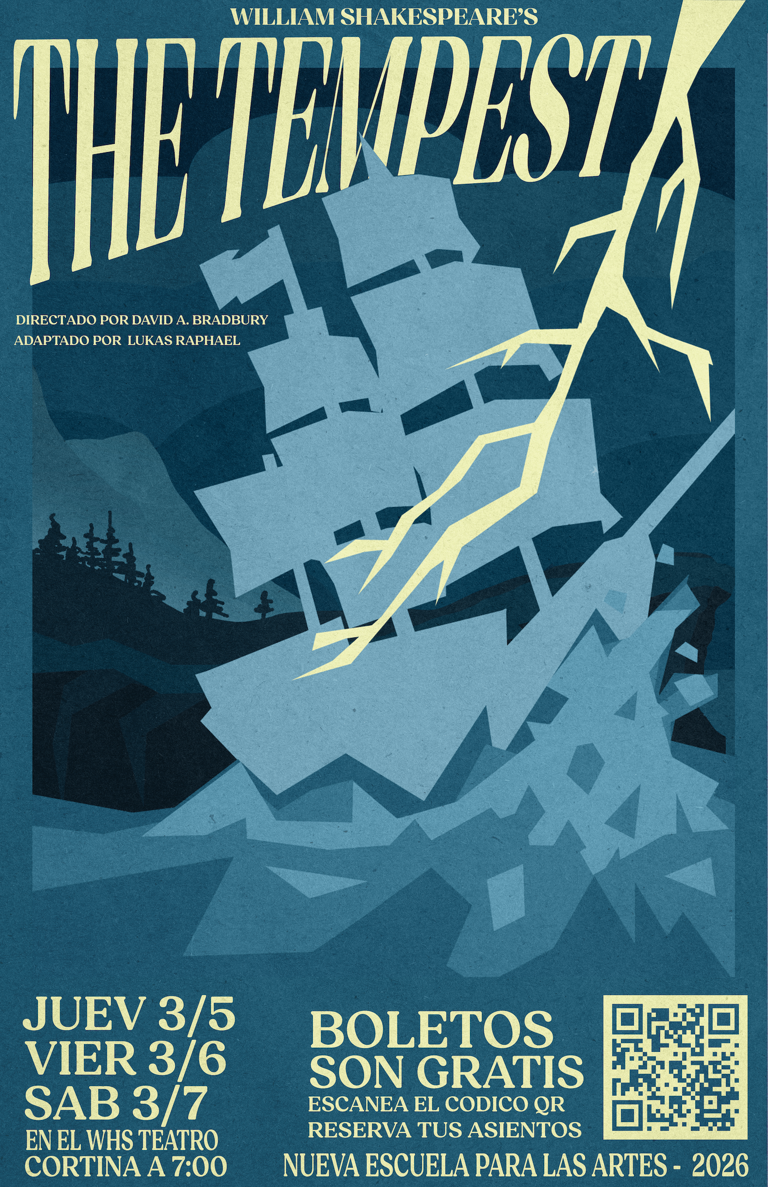 Poster for William Shakespeare's 'The Tempest' featuring a ship in a storm with lightning.