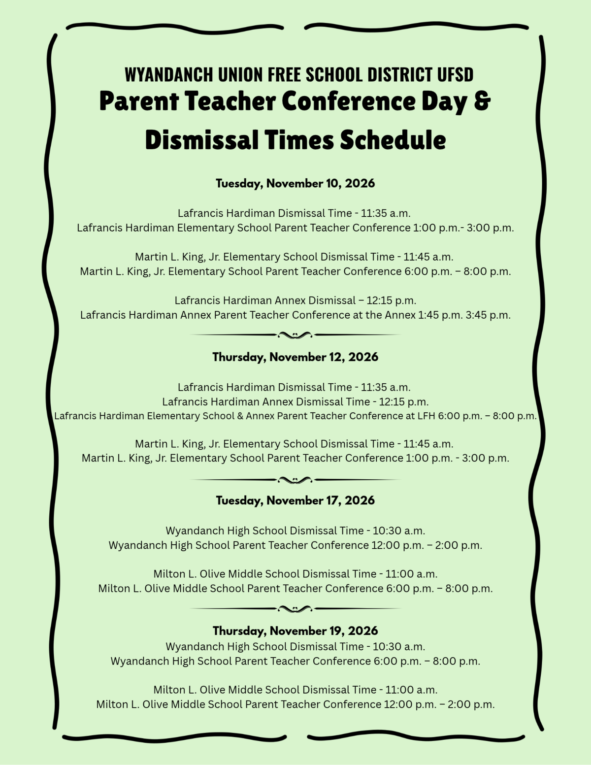 Parent Teacher Conference Days & Dismissal Times Schedule - Horarios de reuniones de padres y maestros y horarios de salida