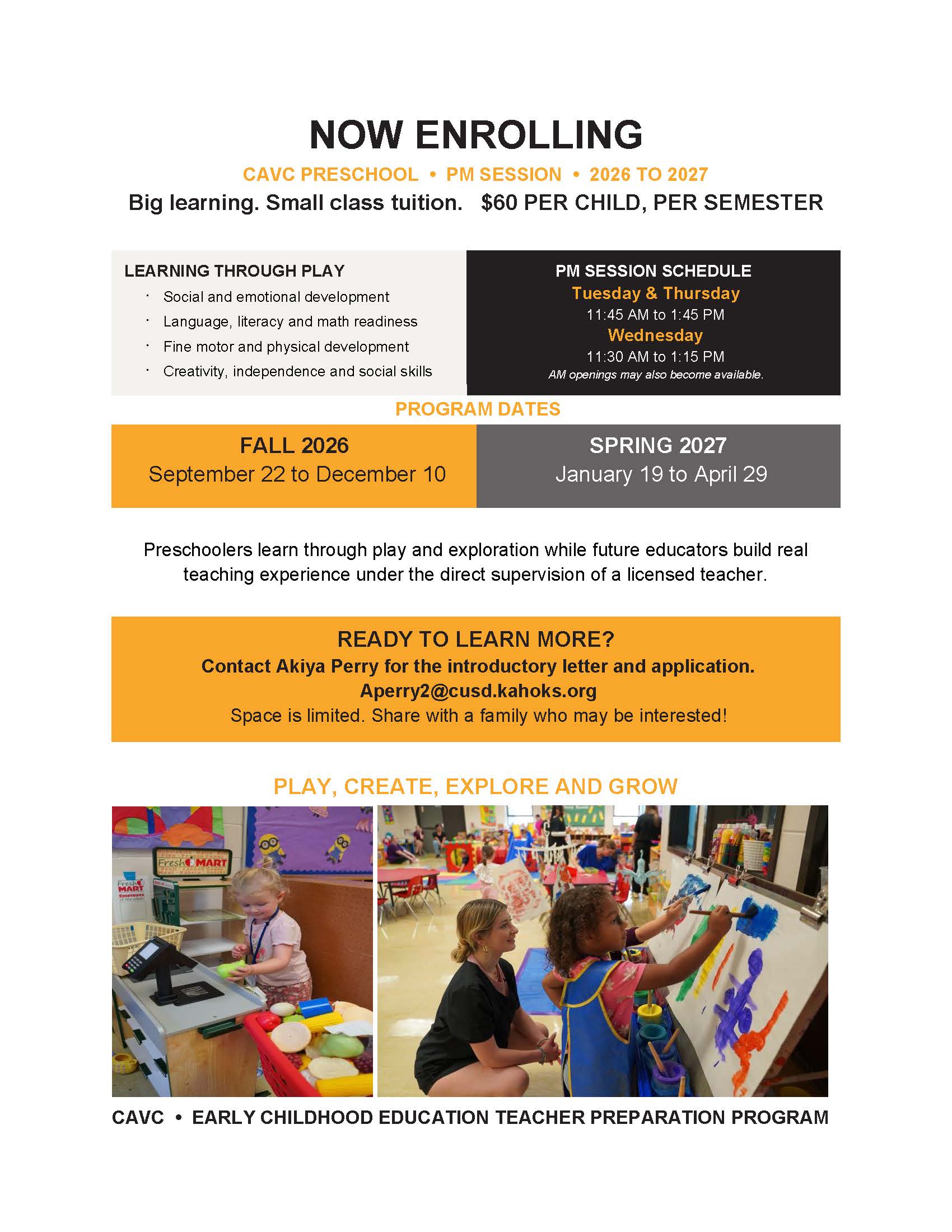 Spots Available in CAVC Afternoon Preschool