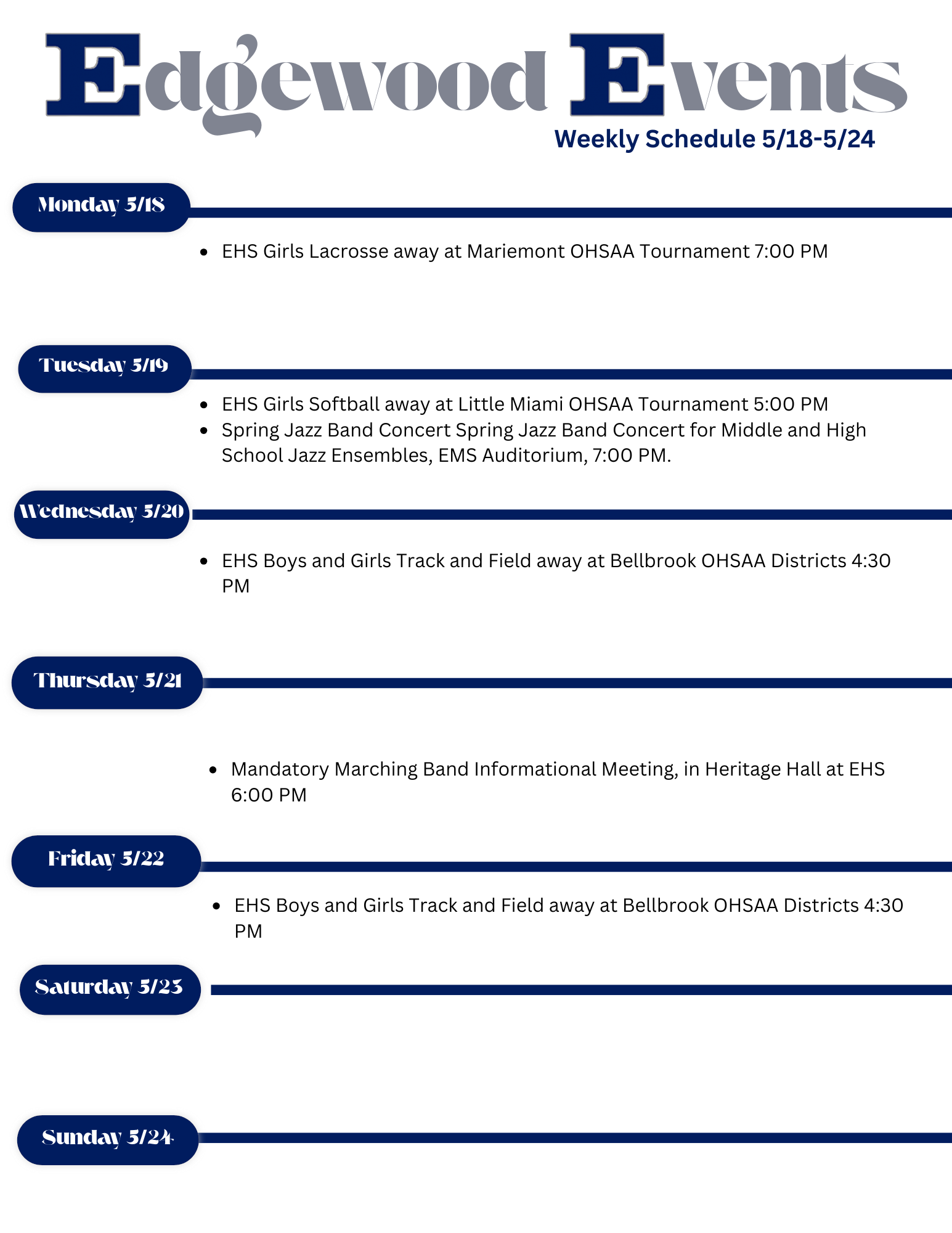 Edgewood Events for the Week of May 18th-24th