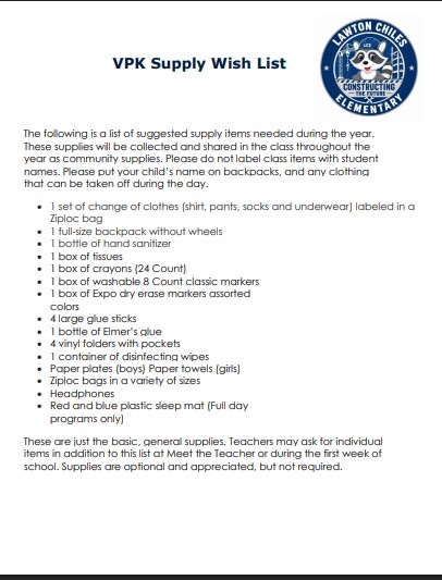VPK Supply Wish List for Lawton Chiles Elementary School.