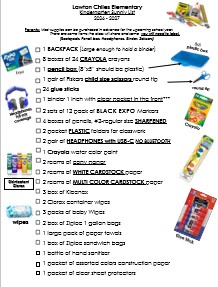KG school supply list for Lawton Chiles Elementary, 2006-2007, with illustrations of items like crayons and glue sticks.