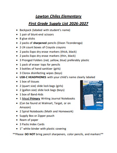 1st grade school supply list
