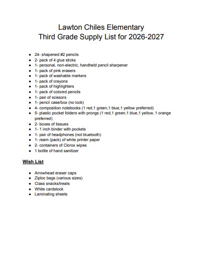 3rd grade school supply list
